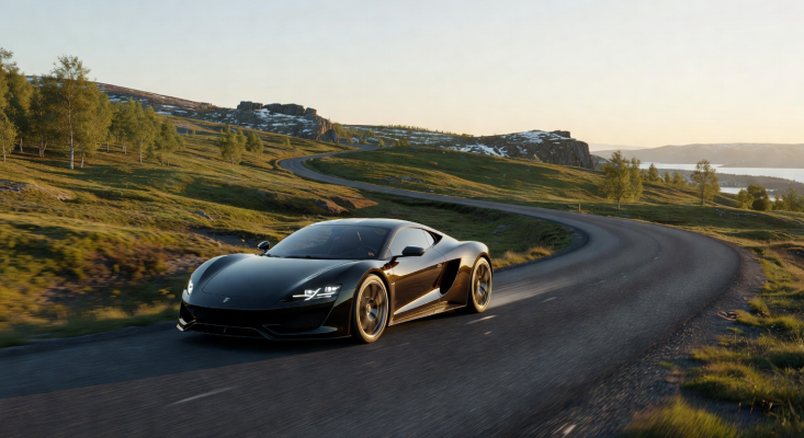 Beautiful sleek sports car on a scenic Nordic road