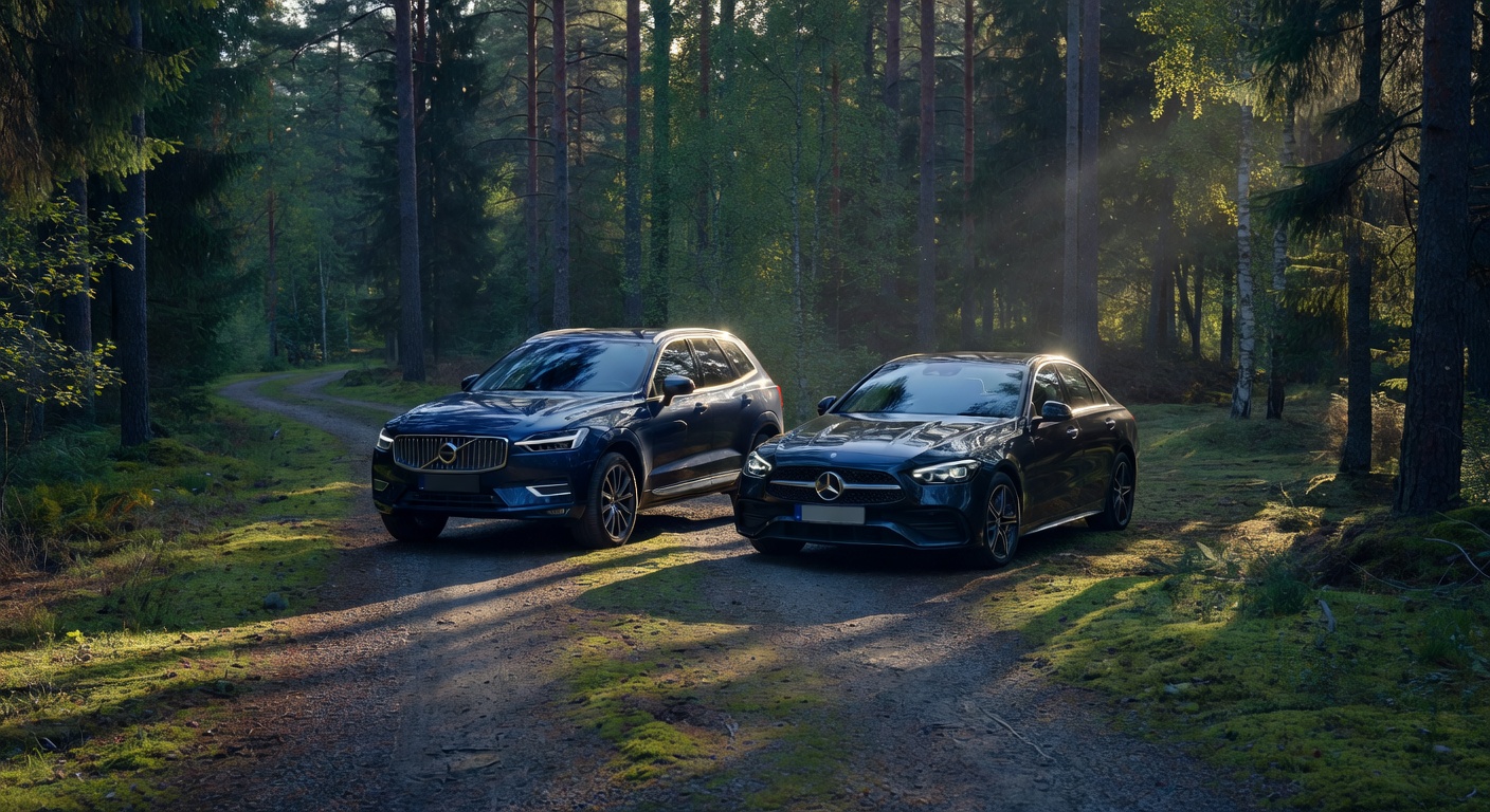Dark blue Volvo XC60 parked in a Nordic forest setting