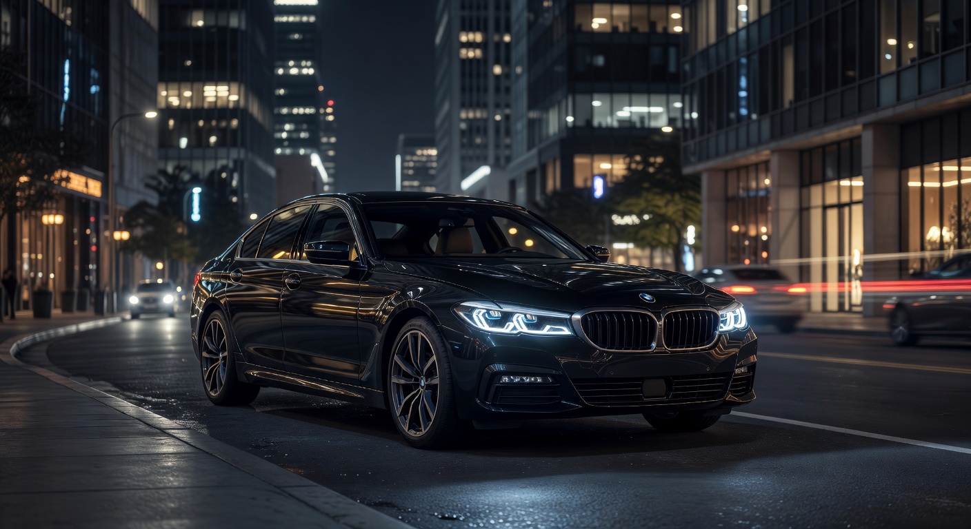 Main view of Luxury black BMW parked on city street