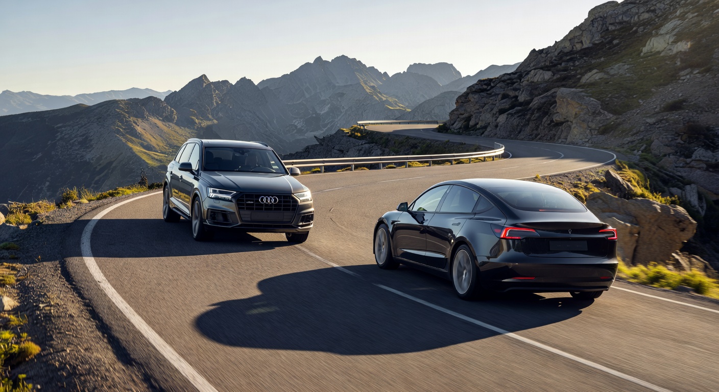 Sleek grey Audi Q7 SUV driving on a mountain road