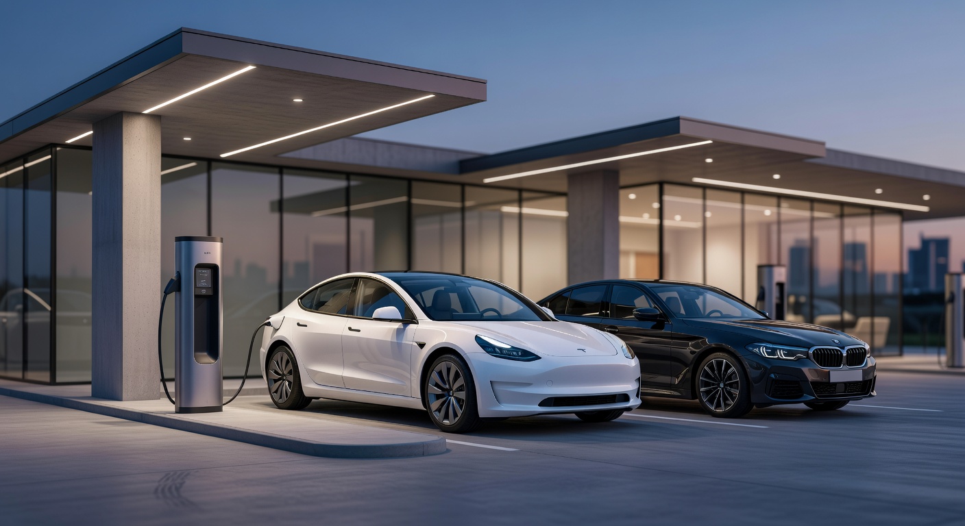 White Tesla Model 3 charging in a modern environment